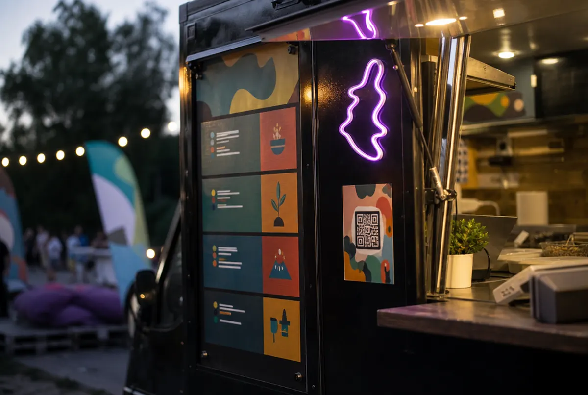 Verkaufsfenster eines Foodtrucks mit Menütafel und LED-Neon