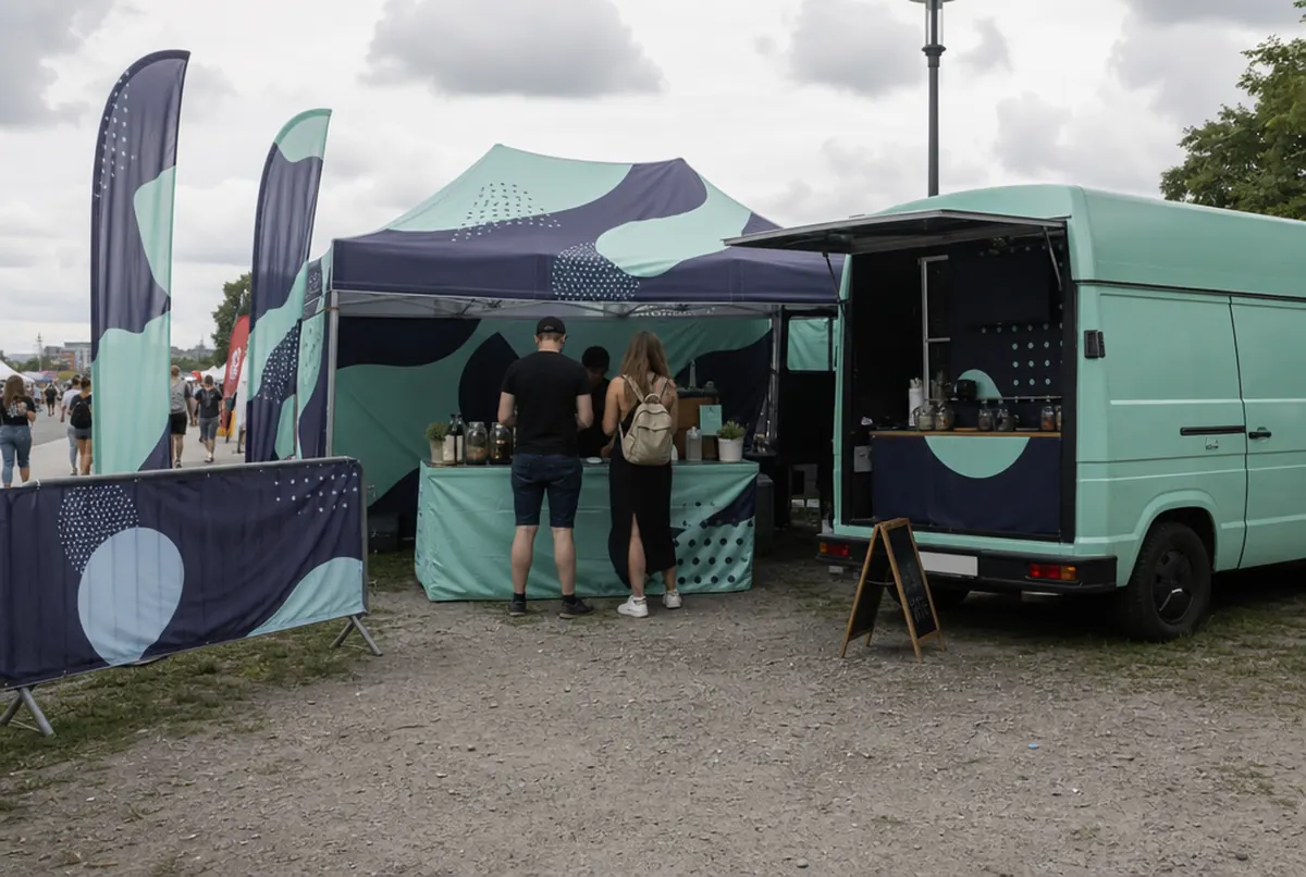 Foodtruck-Stand auf einem Festival mit Zelt, Tischdecke und Beachflags
