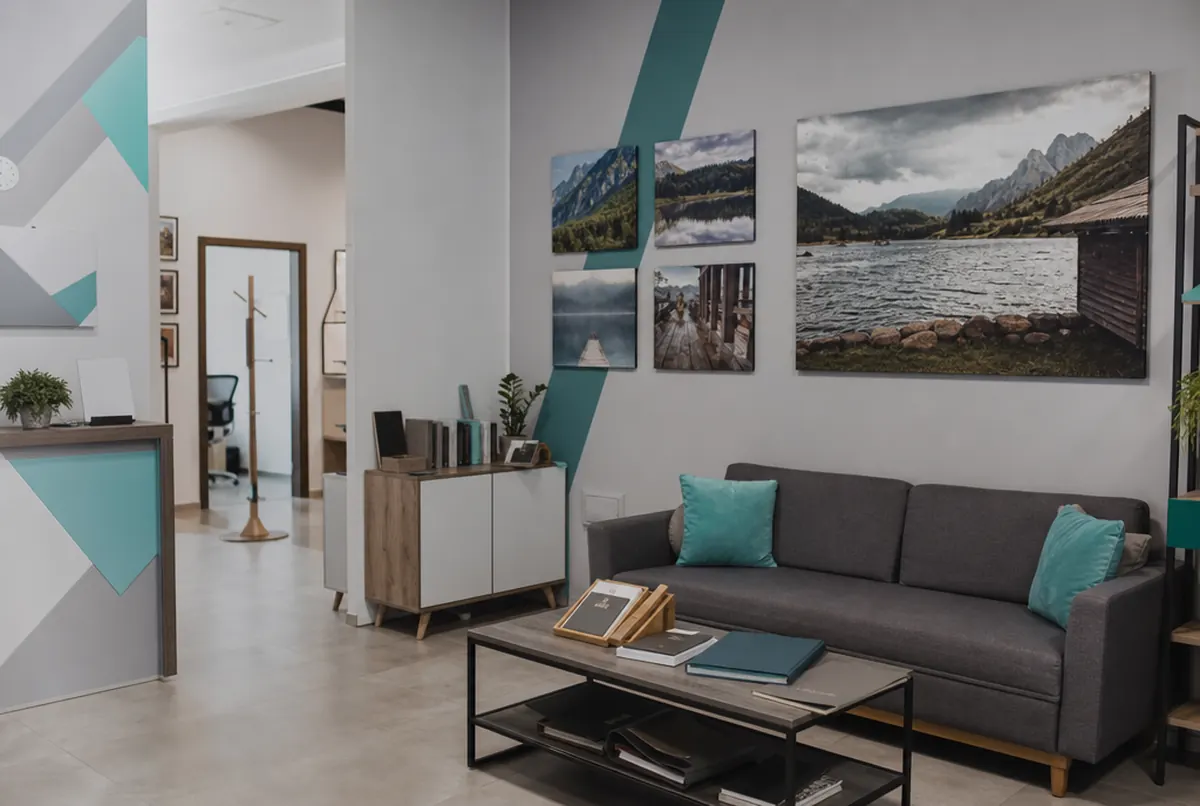 Beratungsbereich eines Fotostudios mit Leinwand und Fotos auf Alu-Dibond