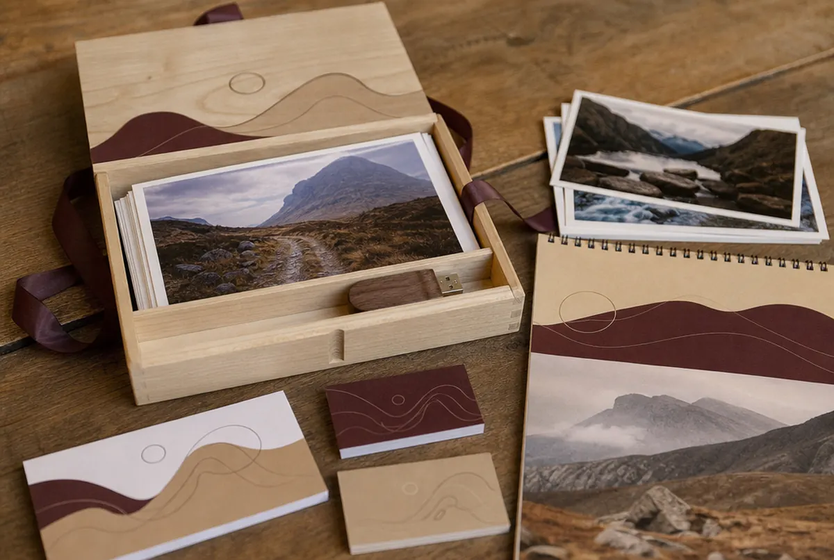 Schachtel mit Fotos, USB-Stick, Gutschein und Kalender vom Fotografen