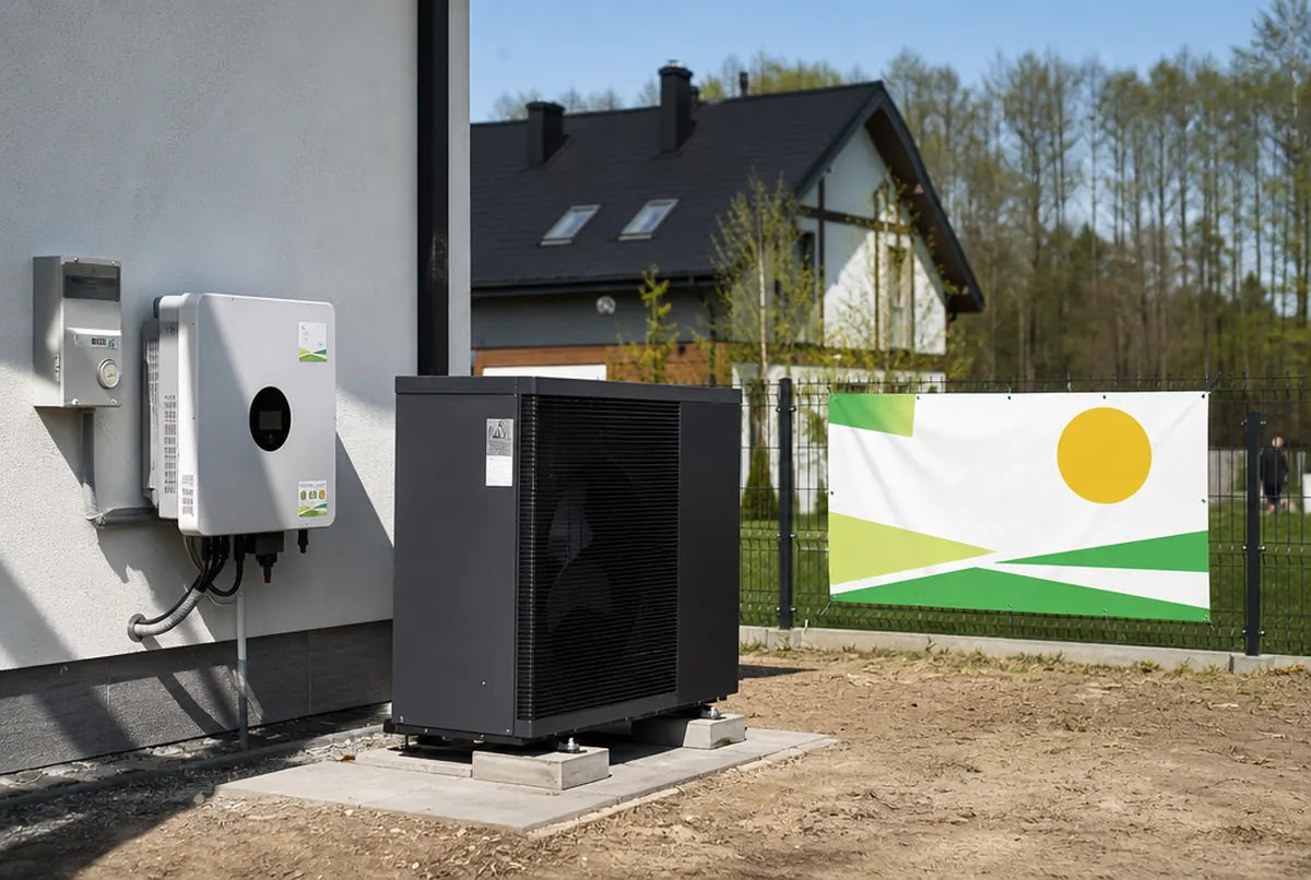 Heat pump with a service sticker and the installer’s banner on the customer’s fence