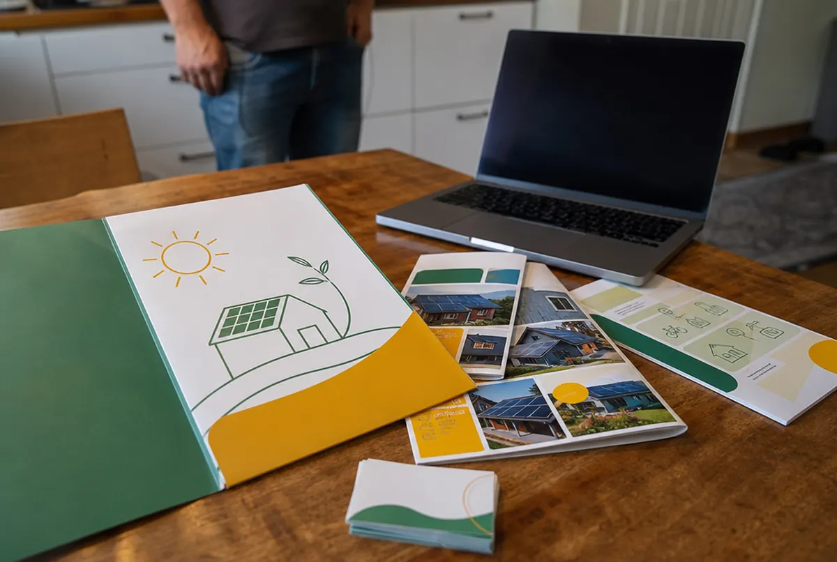 Presentation folder, installation catalogue and leaflets of a solar PV sales rep on a table