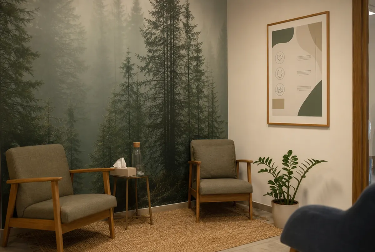 Salle d’attente d’un cabinet de psychologue avec papier peint nature et affiche d’information
