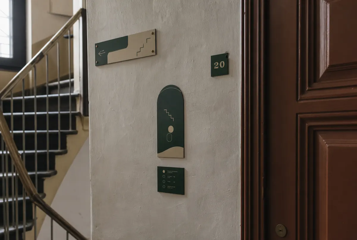 Plaque de porte et directionnel dans la cage d’escalier vers le cabinet
