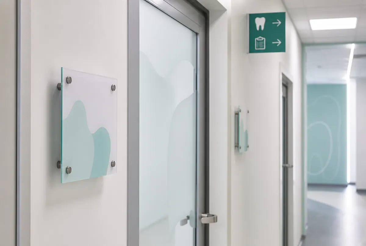 Dental practice corridor with door signs and a directional sign