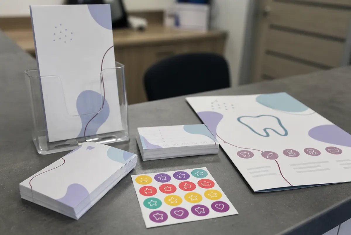Appointment cards, a leaflet and children's stickers at a dental reception