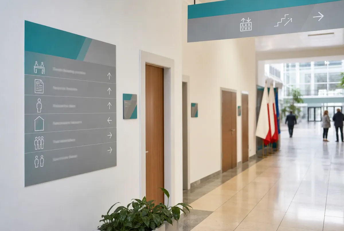 Council office lobby with a directional board and door signs