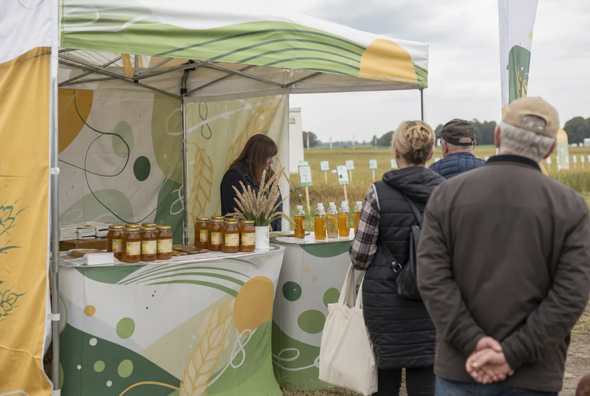 Farm stall at a market with a gazebo and a promotional counter