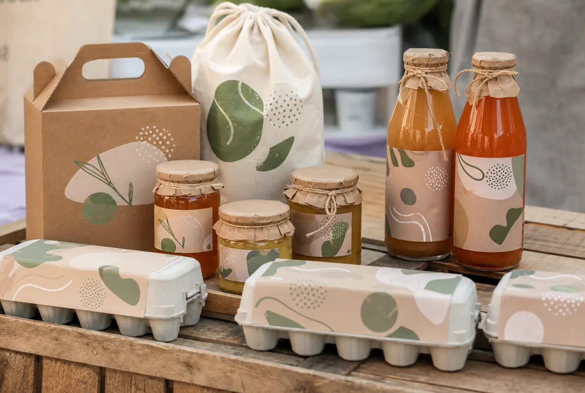 Labels for honey, juices and eggs and a farm gift box