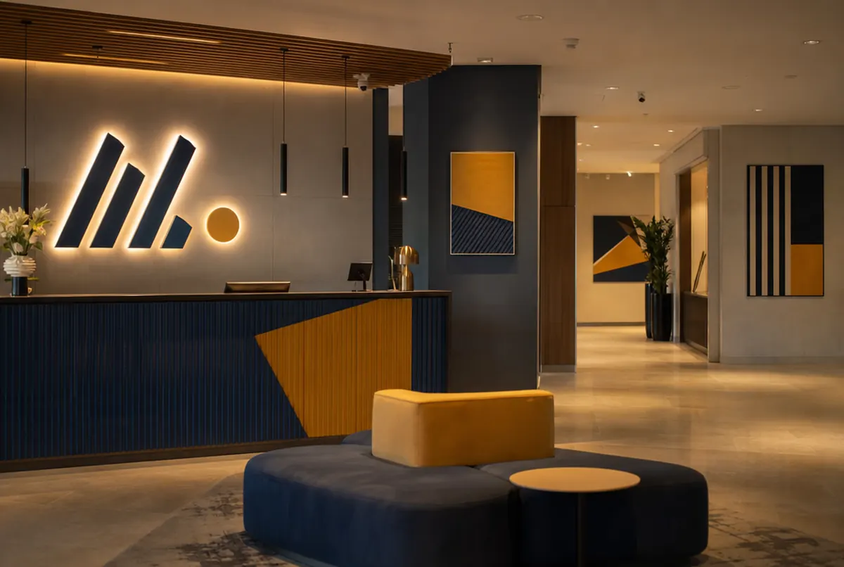 Hotel reception with a dimensional logo behind the desk and pictures in the lobby