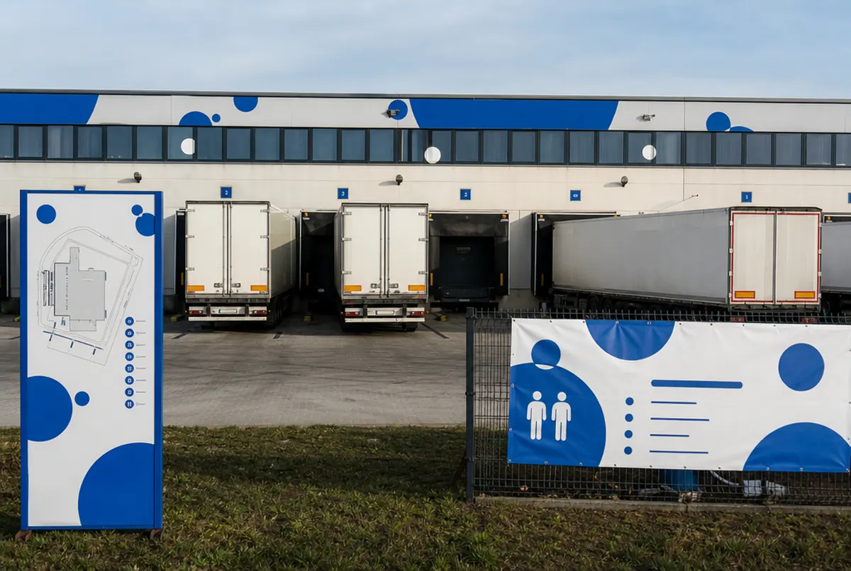 Rampe eines Großhandels mit Lieferantentafel und Zaunbanner