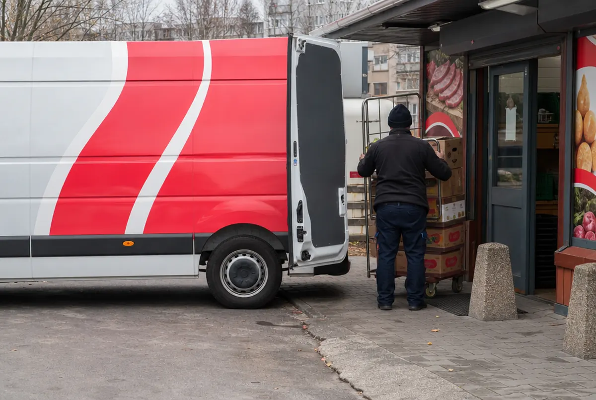 Beschriftetes Lieferfahrzeug eines Lebensmittelgroßhandels beim Entladen vor einem Geschäft