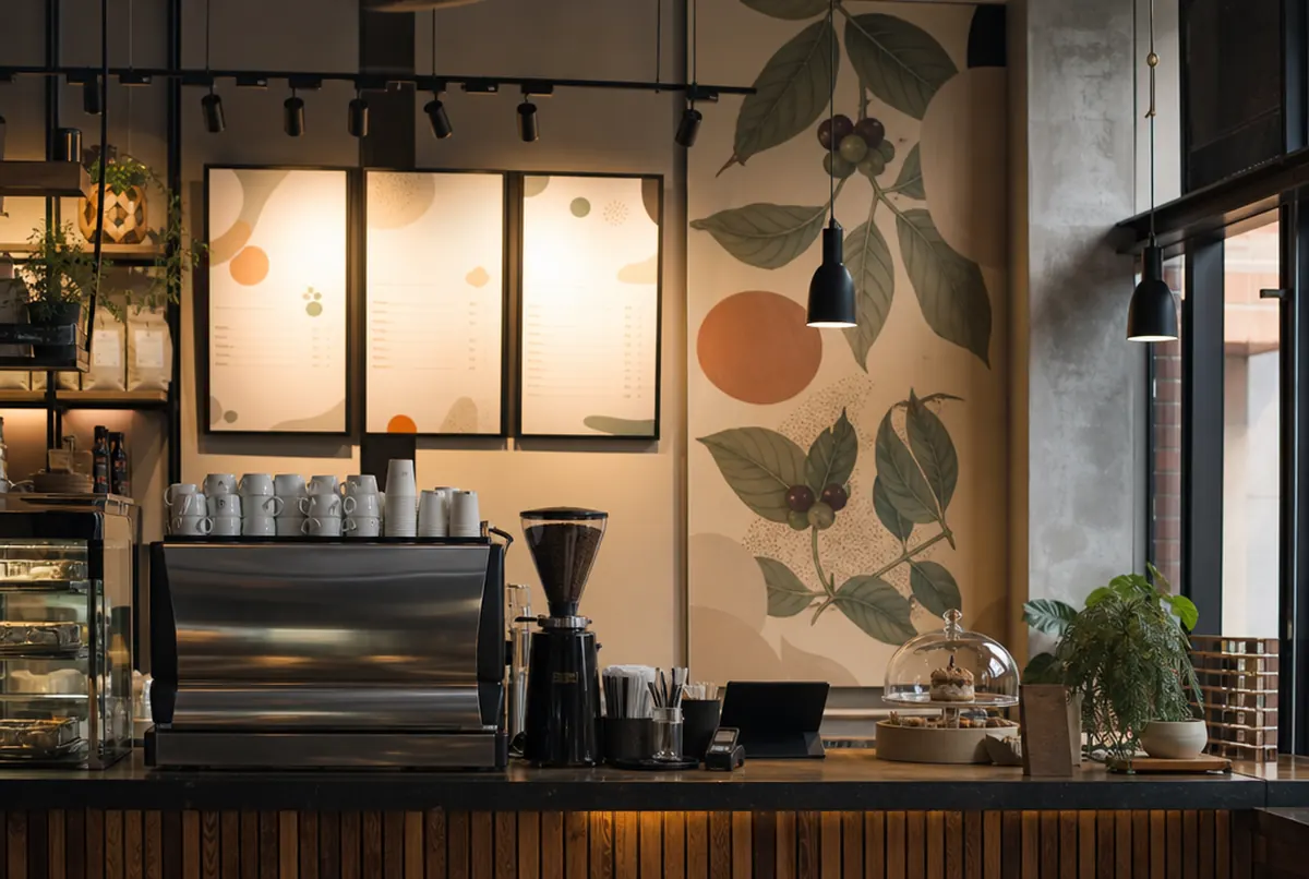 Café-Theke mit beleuchteter Menütafel und Wandgrafik