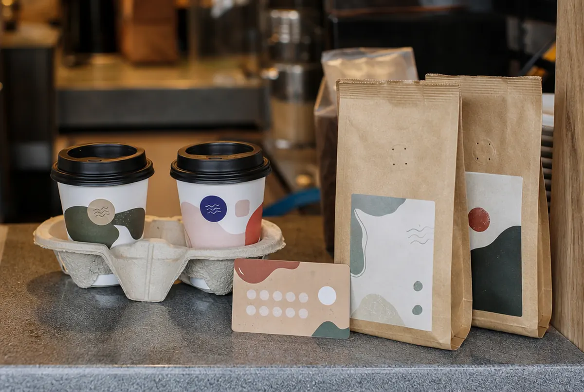 Bedruckte Becher, Stempelkarte und Etiketten auf Kaffeebohnen