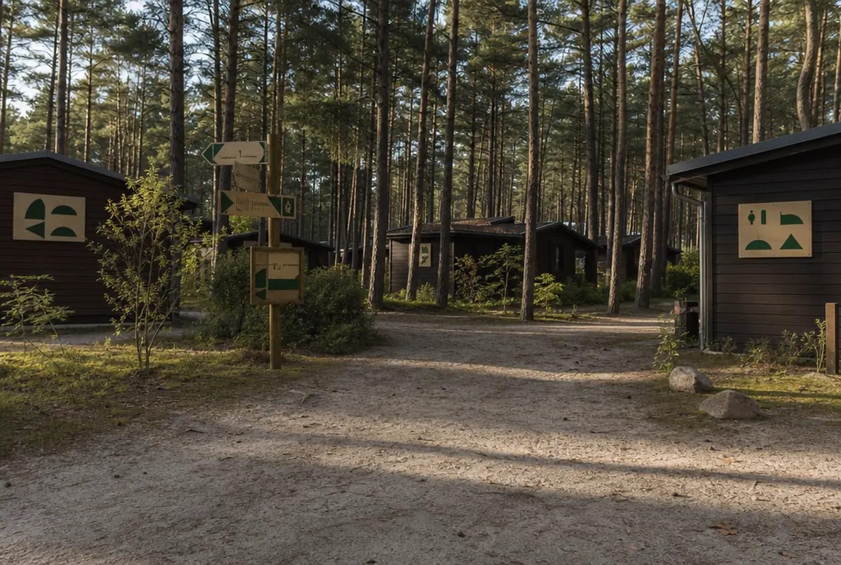 Forest paths on a campsite with direction signs and numbers on wooden chalets