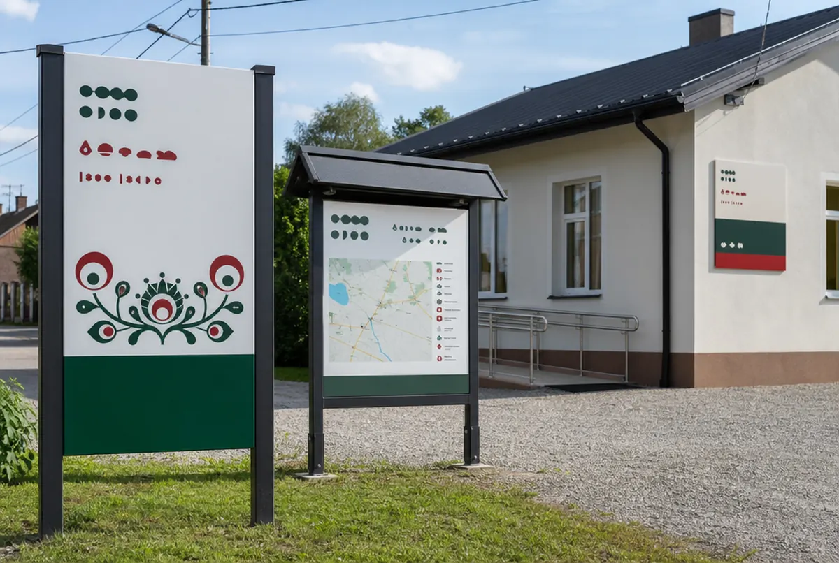 Village welcome sign, map board and funding sign for the village hall