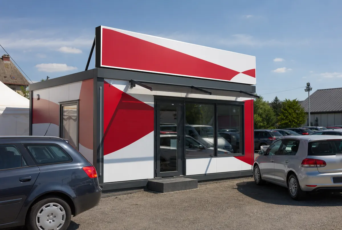 Bürocontainer eines Gebrauchtwagenhändlers mit Grafikbeklebung und Leuchtkasten