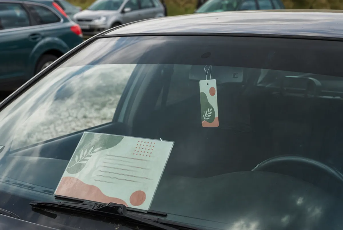 Preisschild hinter der Scheibe und Spiegelanhänger in einem Gebrauchtwagen