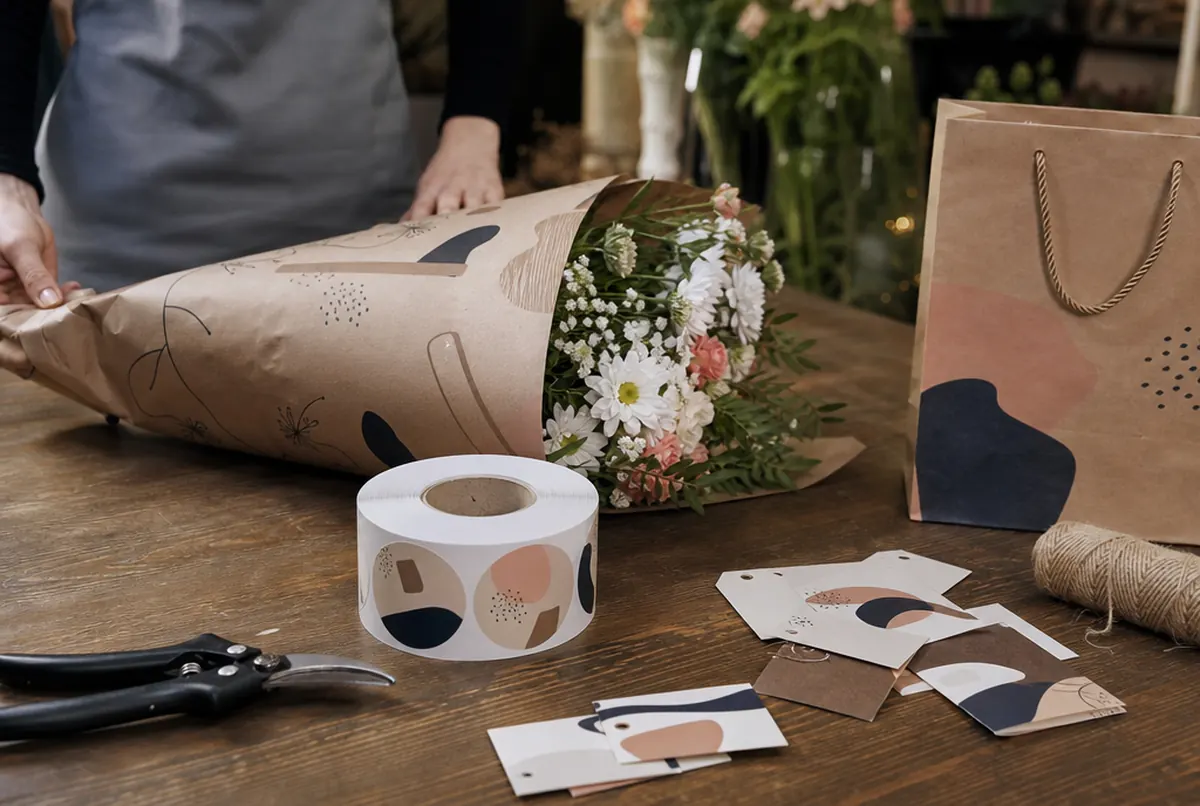 Bouquet in printed wrapping paper, logo stickers and flower cards