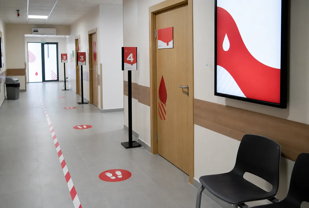 Intérieur d’un centre de prélèvement avec marquage de la file et des postes