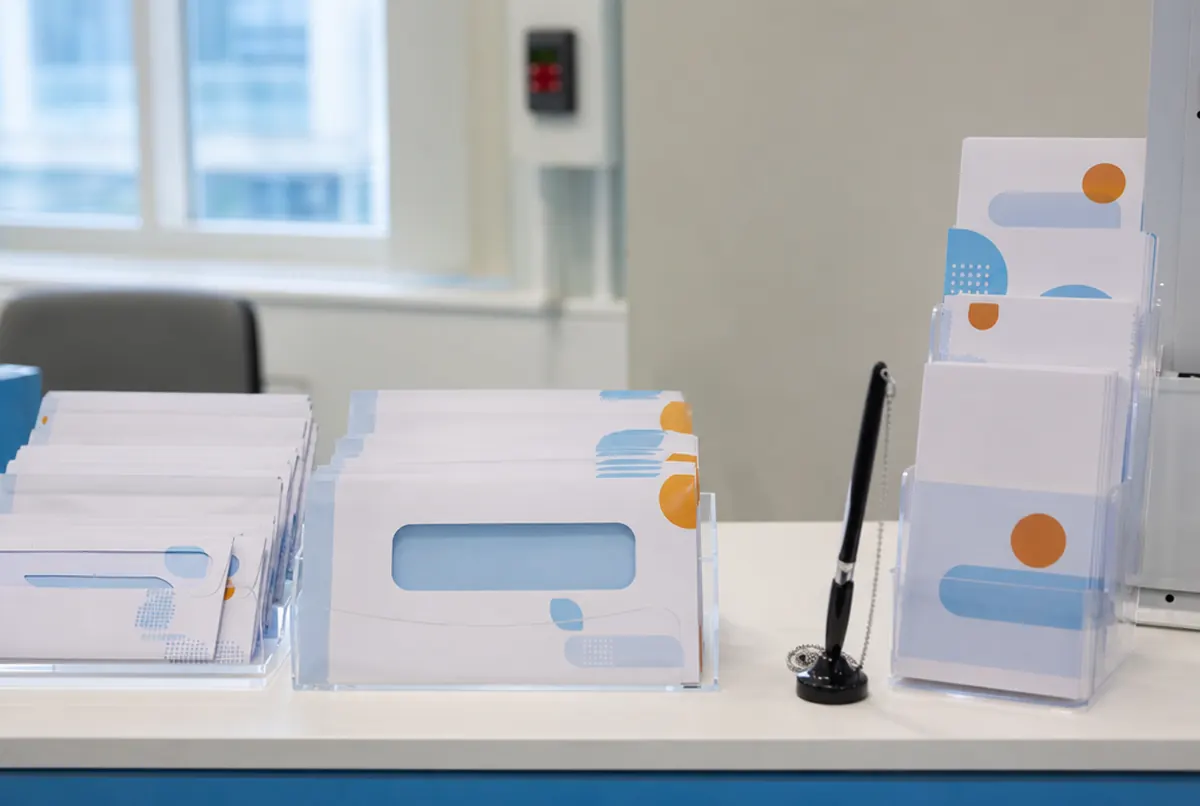 Enveloppes de résultats et flyers sur la préparation aux examens sur le comptoir