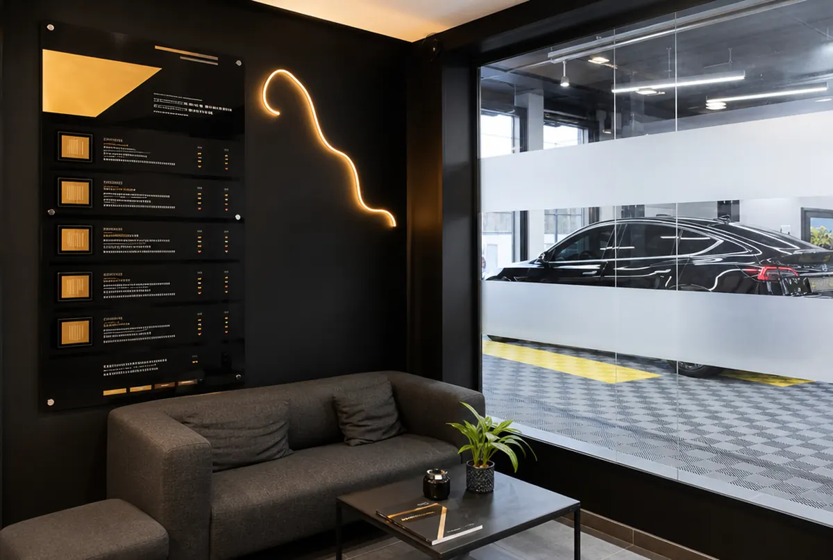 Kundenbereich eines Detailing-Studios mit Preistafel der Pakete und LED-Neon