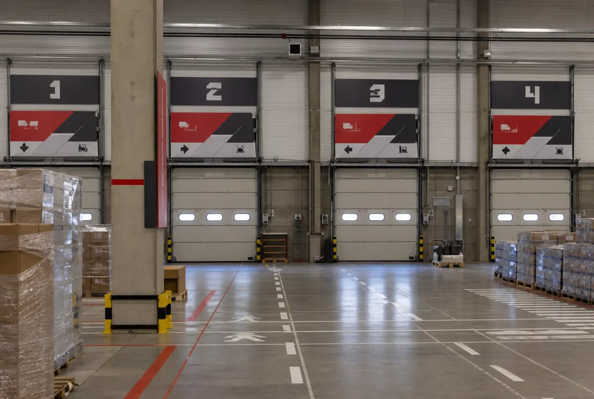 Warehouse loading docks with door numbering and zone signs