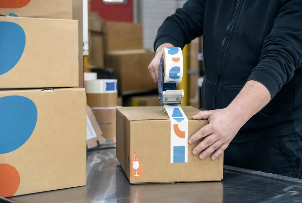 Printed cartons, packing tape and warning stickers on parcels