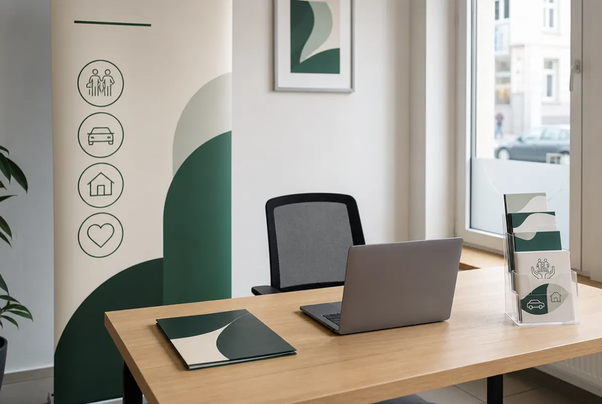 Büro eines Versicherungsagenten mit Roll-up und Policenmappe