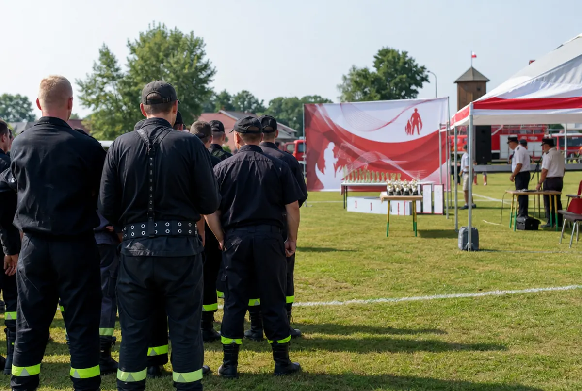 Firefighting competition with a banner behind the podium, a gazebo and trophies