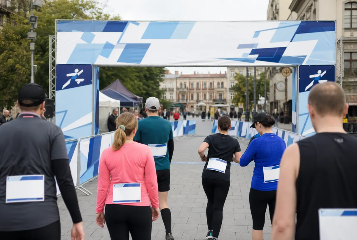 Start-finish arch, barrier covers and race bibs at a city run