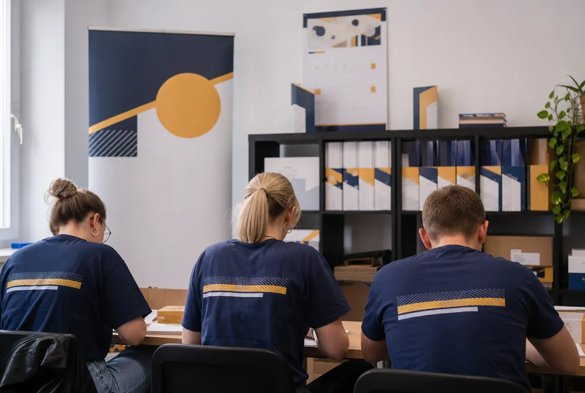 Foundation office with a roll-up, a wall calendar and volunteers in T-shirts