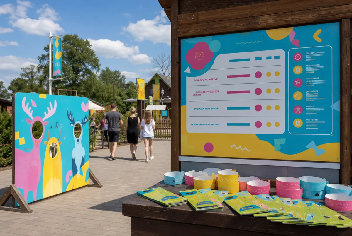 Theme park ticket office with price list, wristbands and visitor maps
