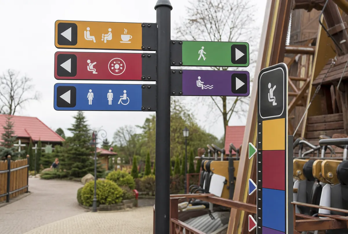 Directional signs at a path junction and a height chart at a ride