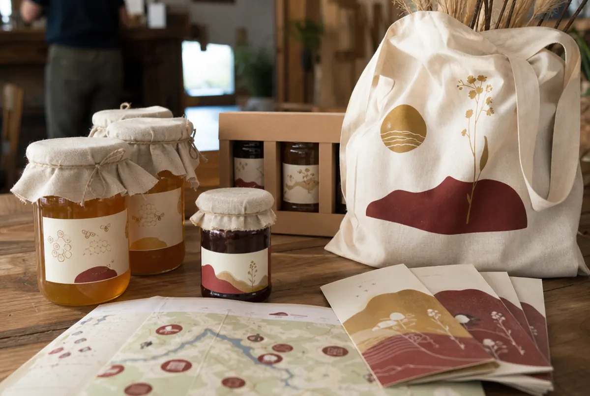 Etiketten für Honig und Eingemachtes, Umgebungskarte und Tasche für Gäste