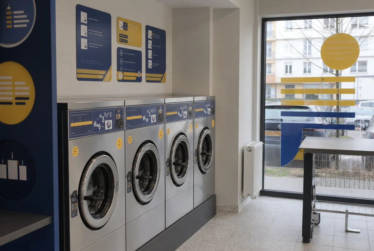 Waschsalon mit Anleitungsaufklebern an den Waschmaschinen