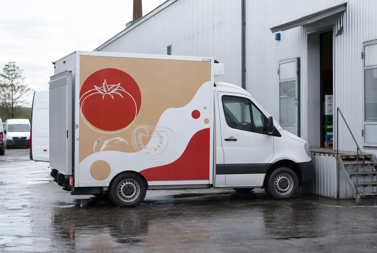Food producer’s refrigerated van with graphics at the loading bay