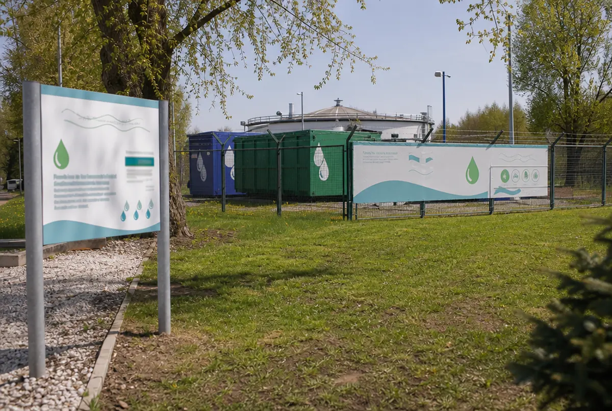Water intake with an information sign and a banner on the fence