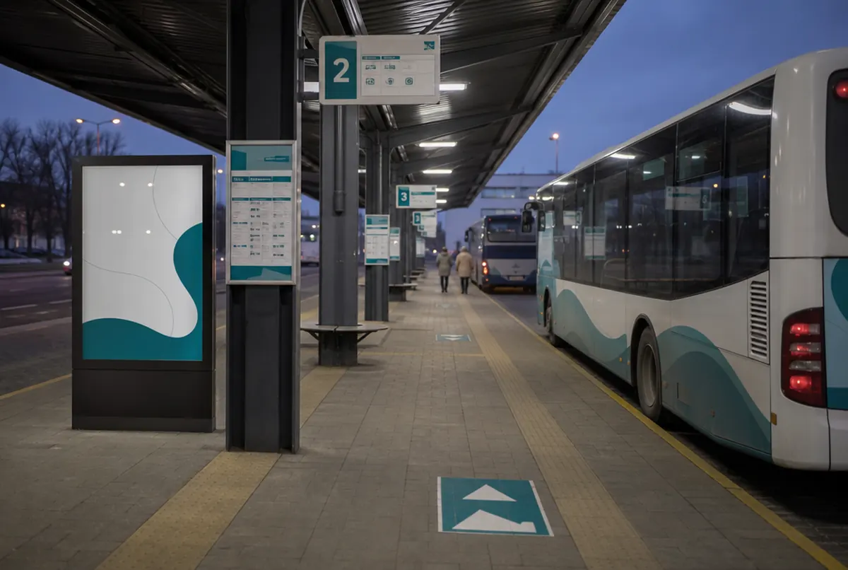 Bus station with bay signage and timetable boards
