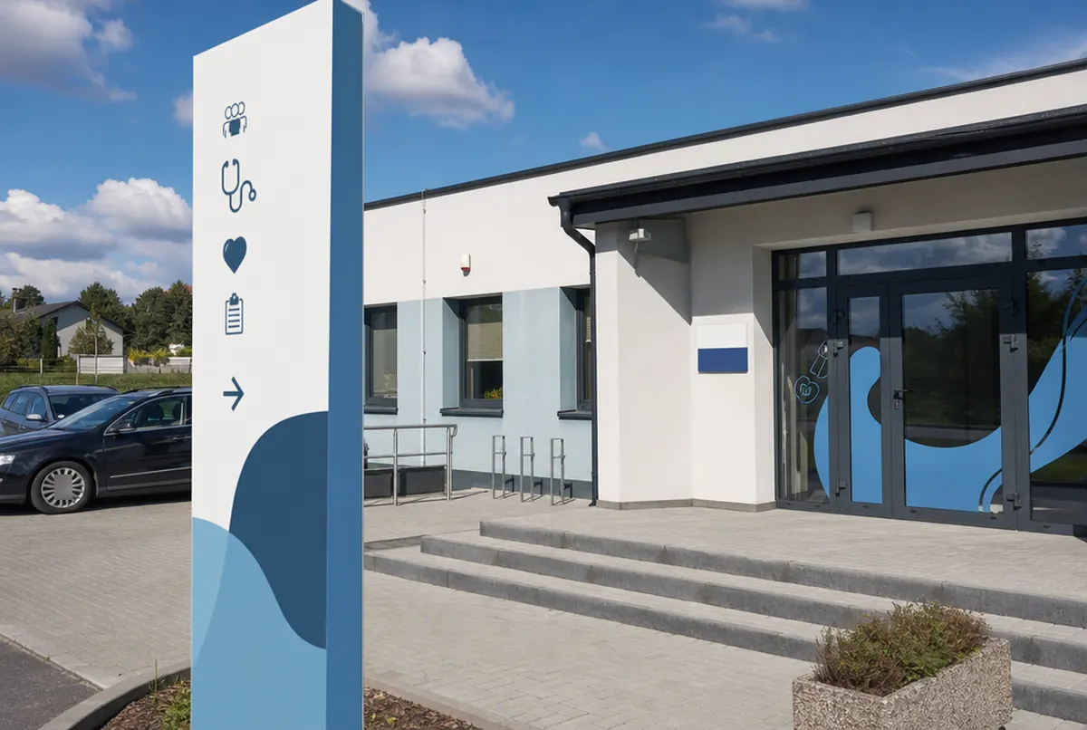 Stele am Parkplatz eines Ärztehauses und Projektschild am Eingang