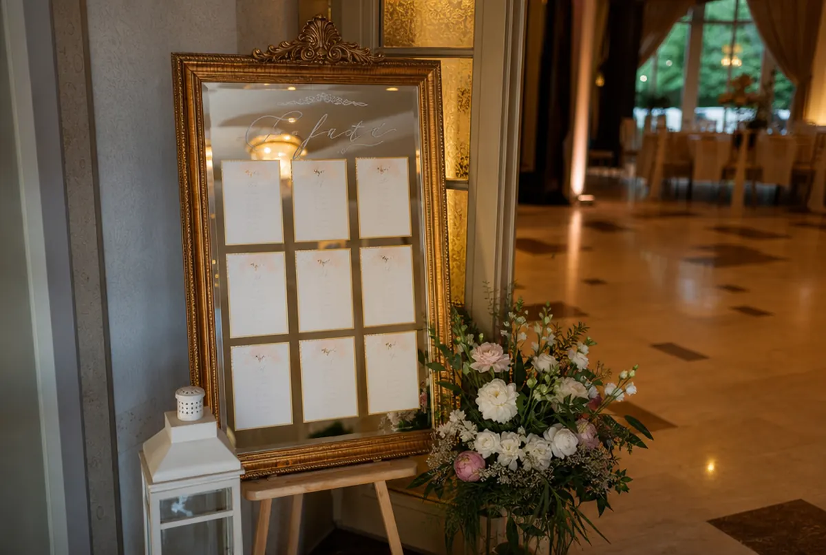 Table plan printed on a mirror at the entrance to a wedding venue