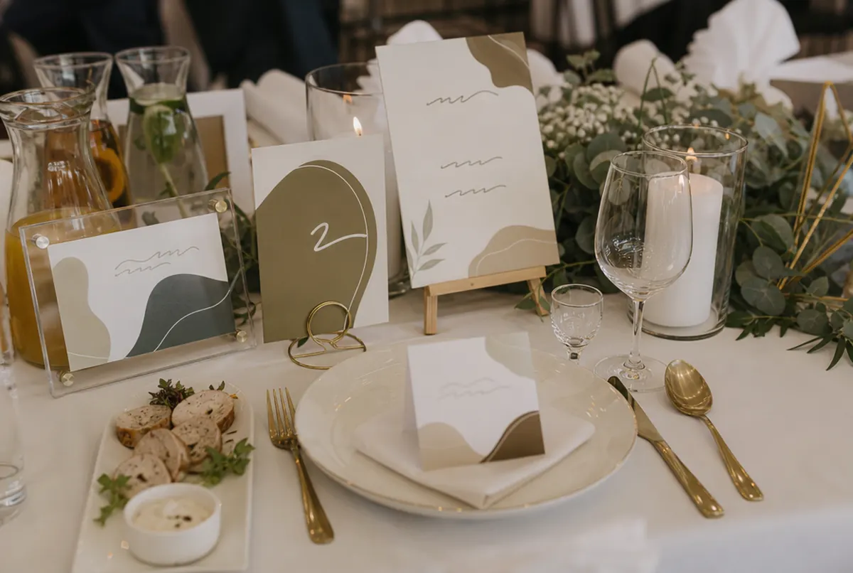 Place cards, menus and table numbers on a laid wedding table
