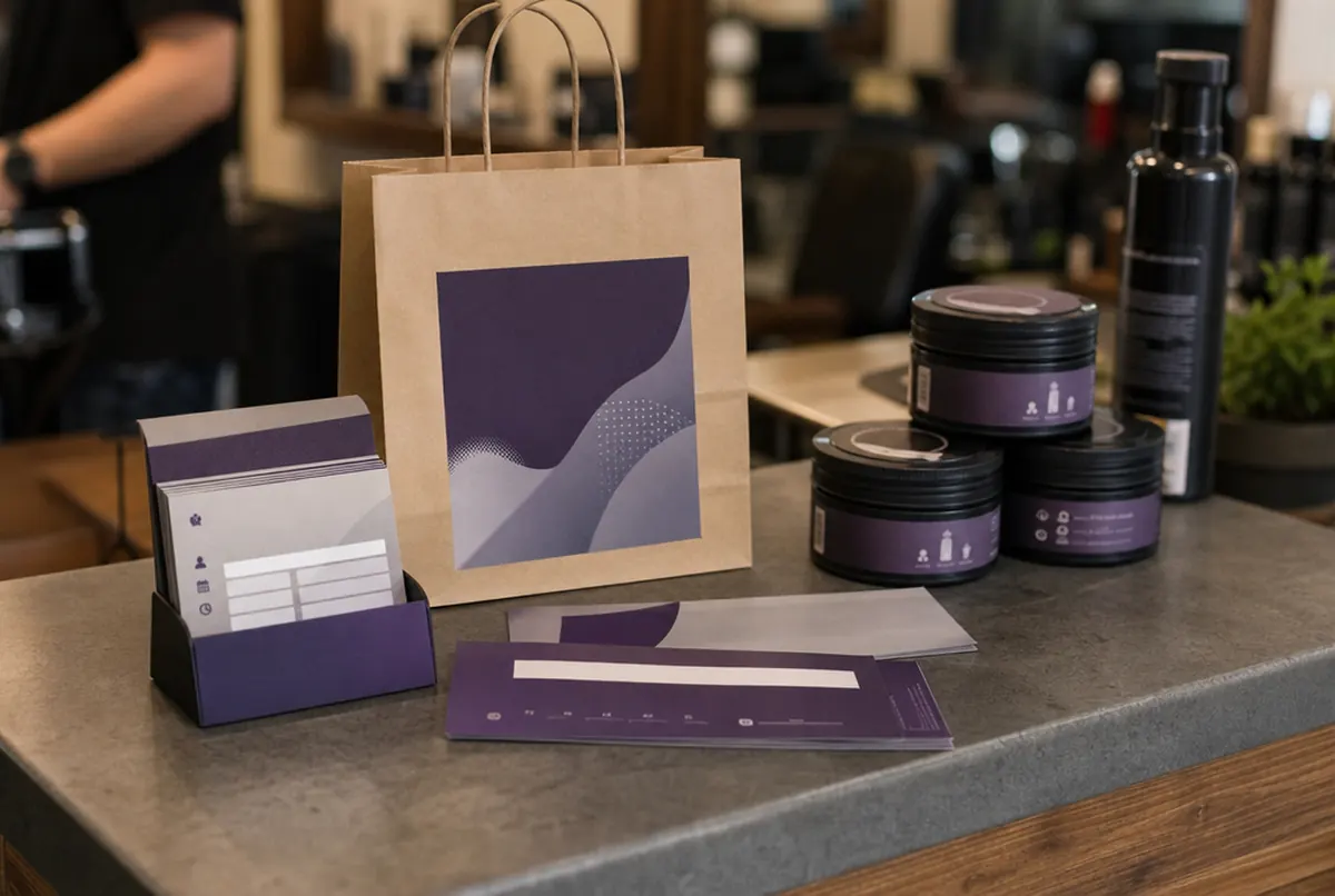 Terminkarten, Gutscheine und Produkte mit Aufklebern im Barbershop
