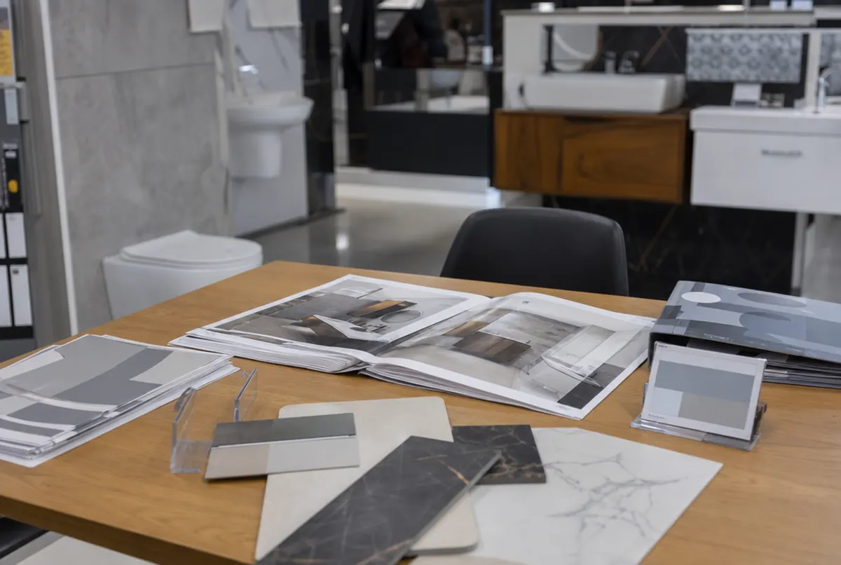 Katalog der Ausstellung, Planungsmappe und Visitenkarten des Beraters auf dem Schreibtisch