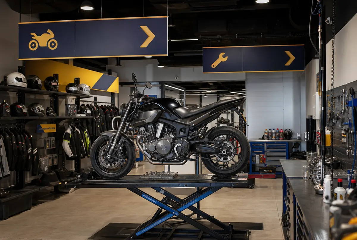 Werkstatt- und Teilebereich bei einem Motorradhändler mit Bereichsbeschilderung