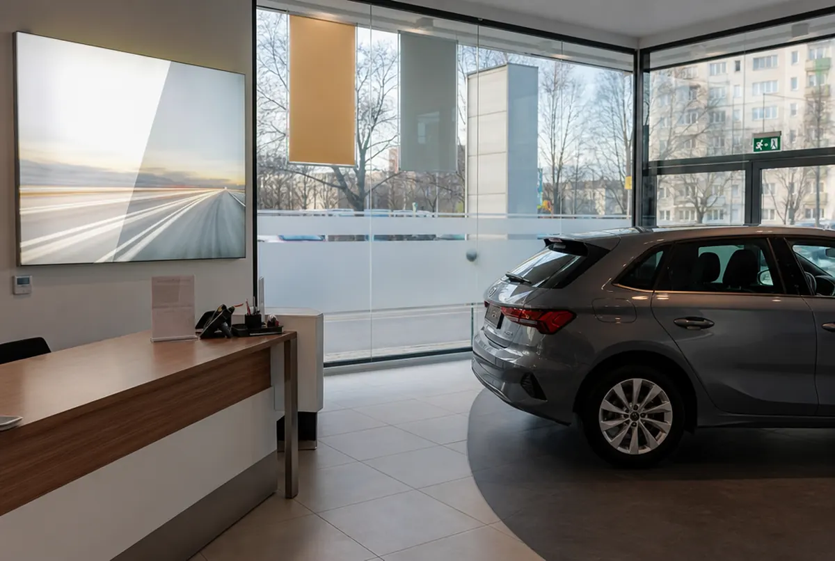 Showroom eines Autohauses mit Milchglasfolie auf der Scheibe und beleuchtetem Textilspannrahmen
