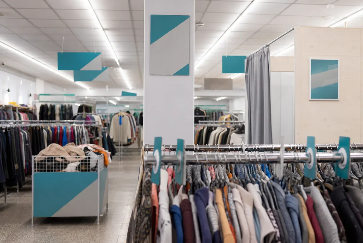 Verkaufsraum eines Secondhand-Ladens mit Abteilungsschildern und Größentrennern