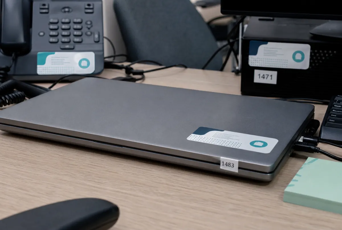 Serviceaufkleber und Inventaretiketten auf Computergeräten
