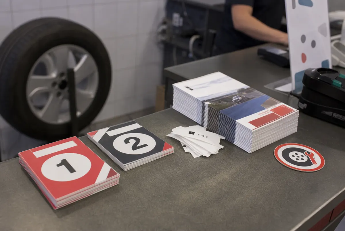 Blocs d’ordres, tickets d’attente et autocollants de rappel dans un centre pneus