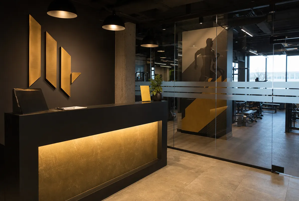 Rezeption eines Fitnessstudios mit 3D-Logo und Milchglasfolie an der Glaswand